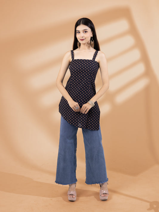 Kairavi Navy Blue Buti Strap Short Kurti