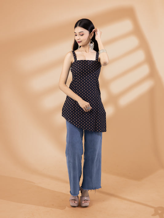 Kairavi Navy Blue Buti Strap Short Kurti