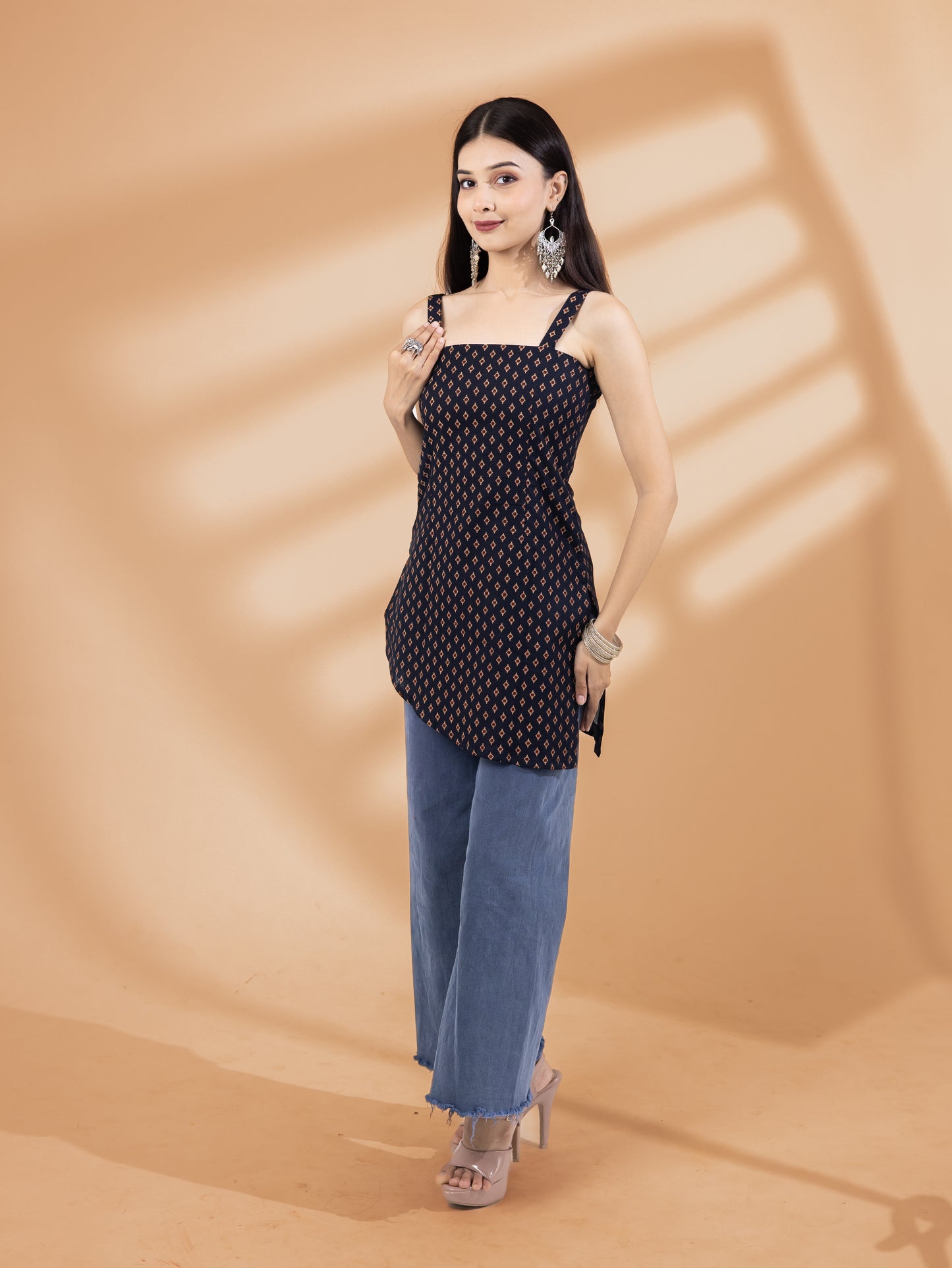 Kairavi Navy Blue Buti Strap Short Kurti