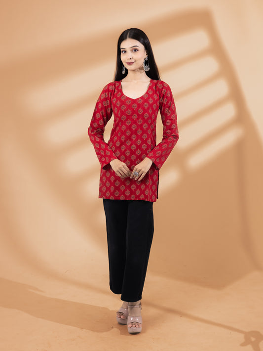 Aarvi Red Ethnic Full Sleeve Kurti