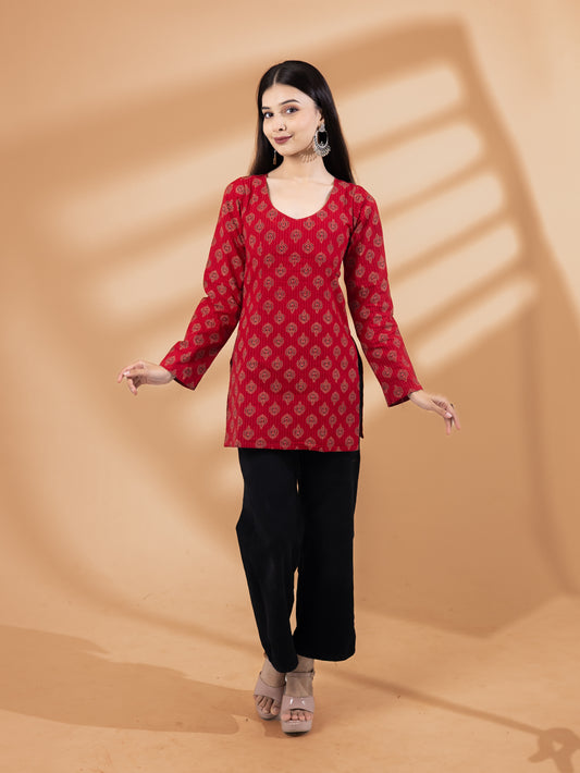 Aarvi Red Ethnic Full Sleeve Kurti