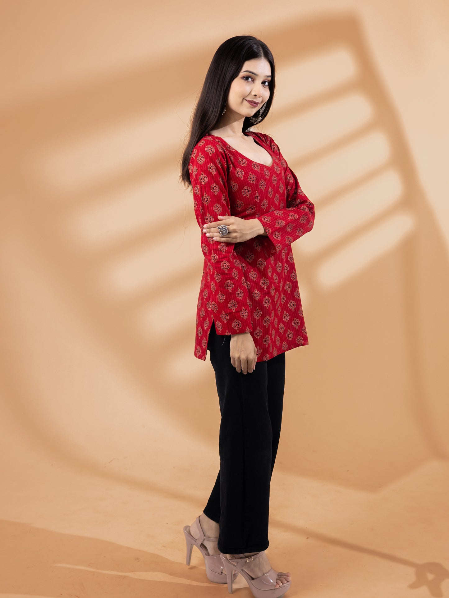 Aarvi Red Ethnic Full Sleeve Kurti