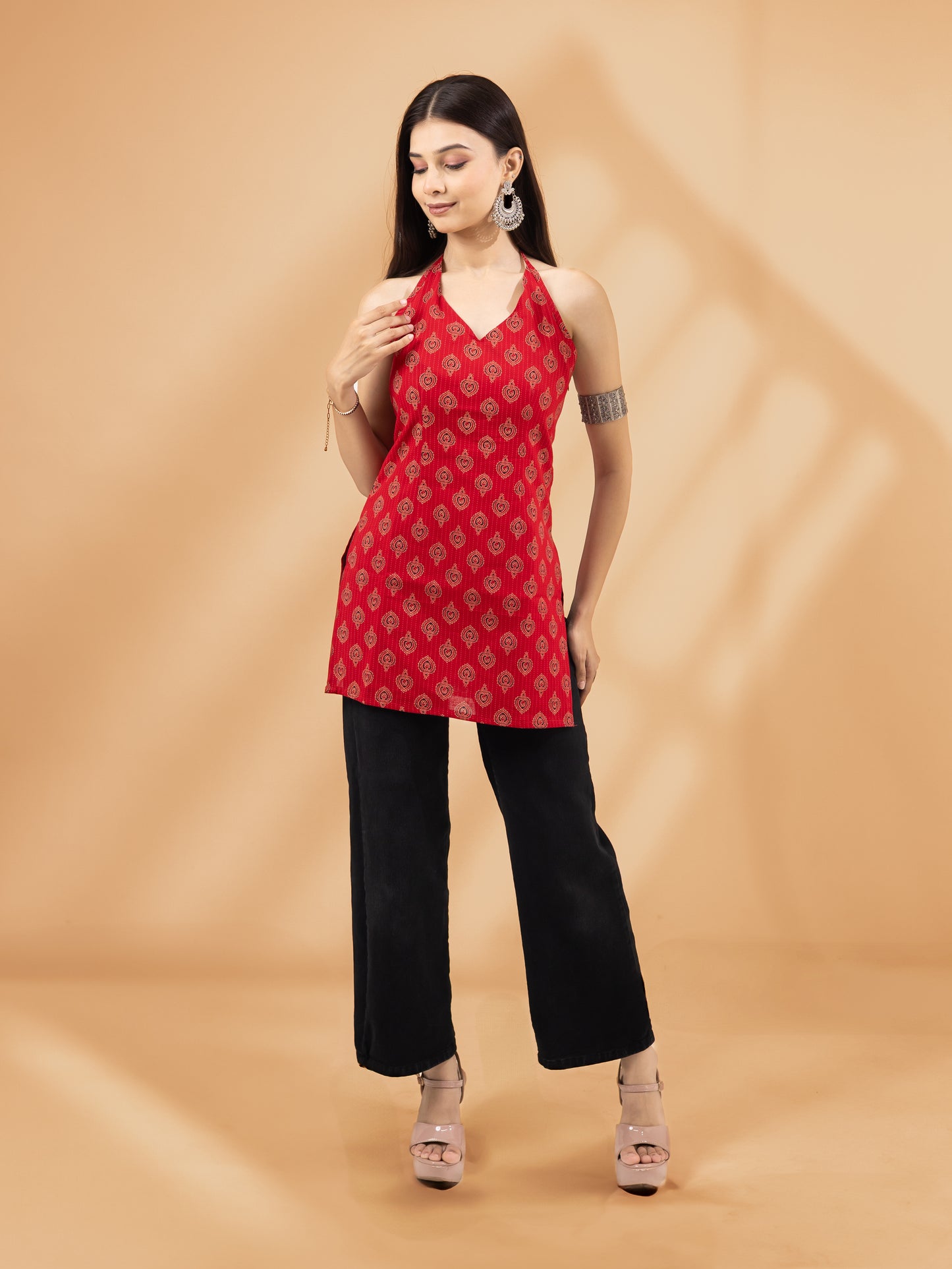Tamrika Red Halter Neck Kurti