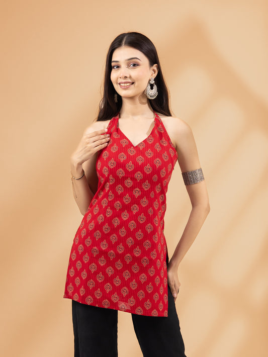 Tamrika Red Halter Neck Kurti
