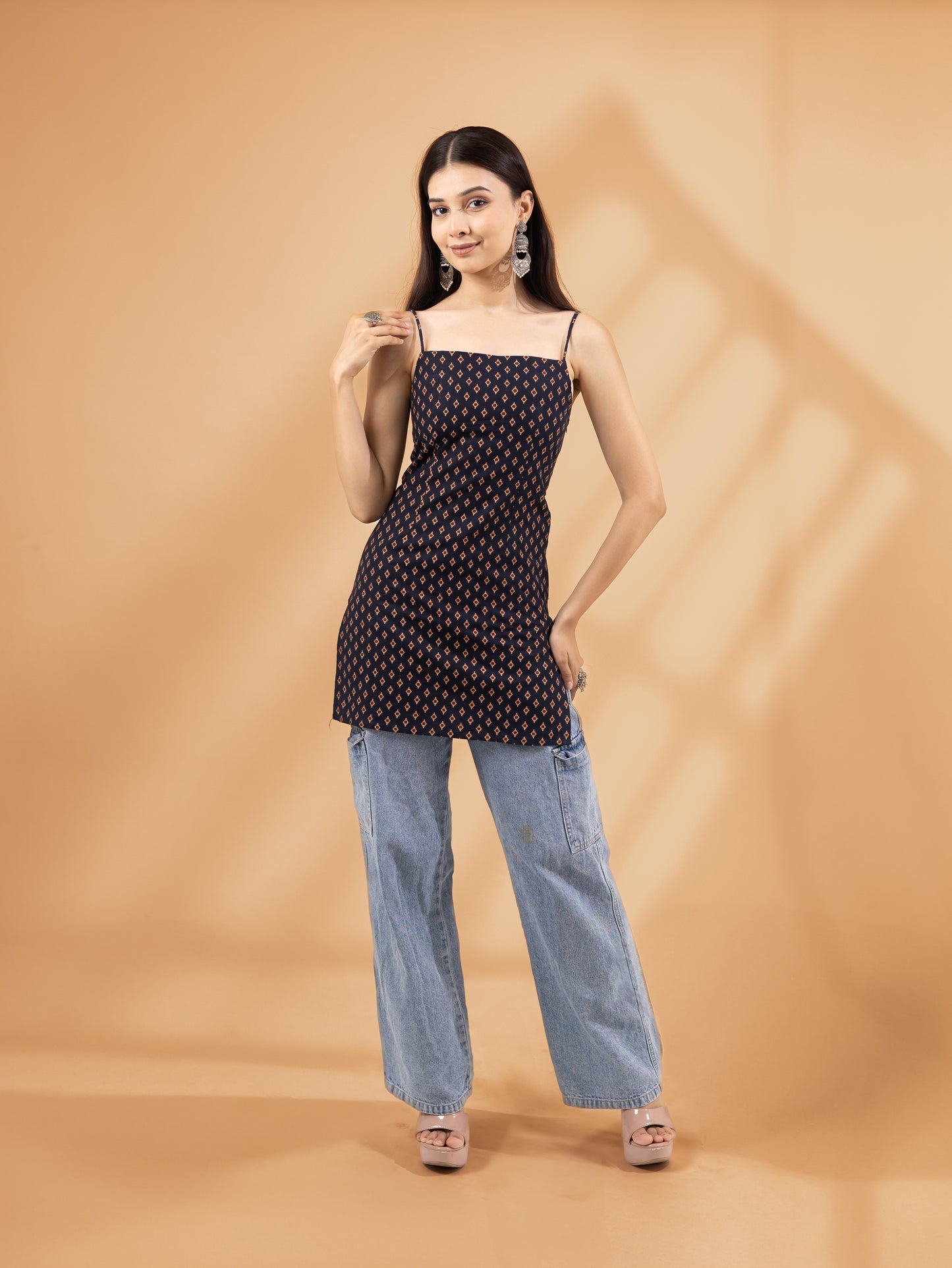 Taruja Navy Blue Spaghetti Black Strap Kurti