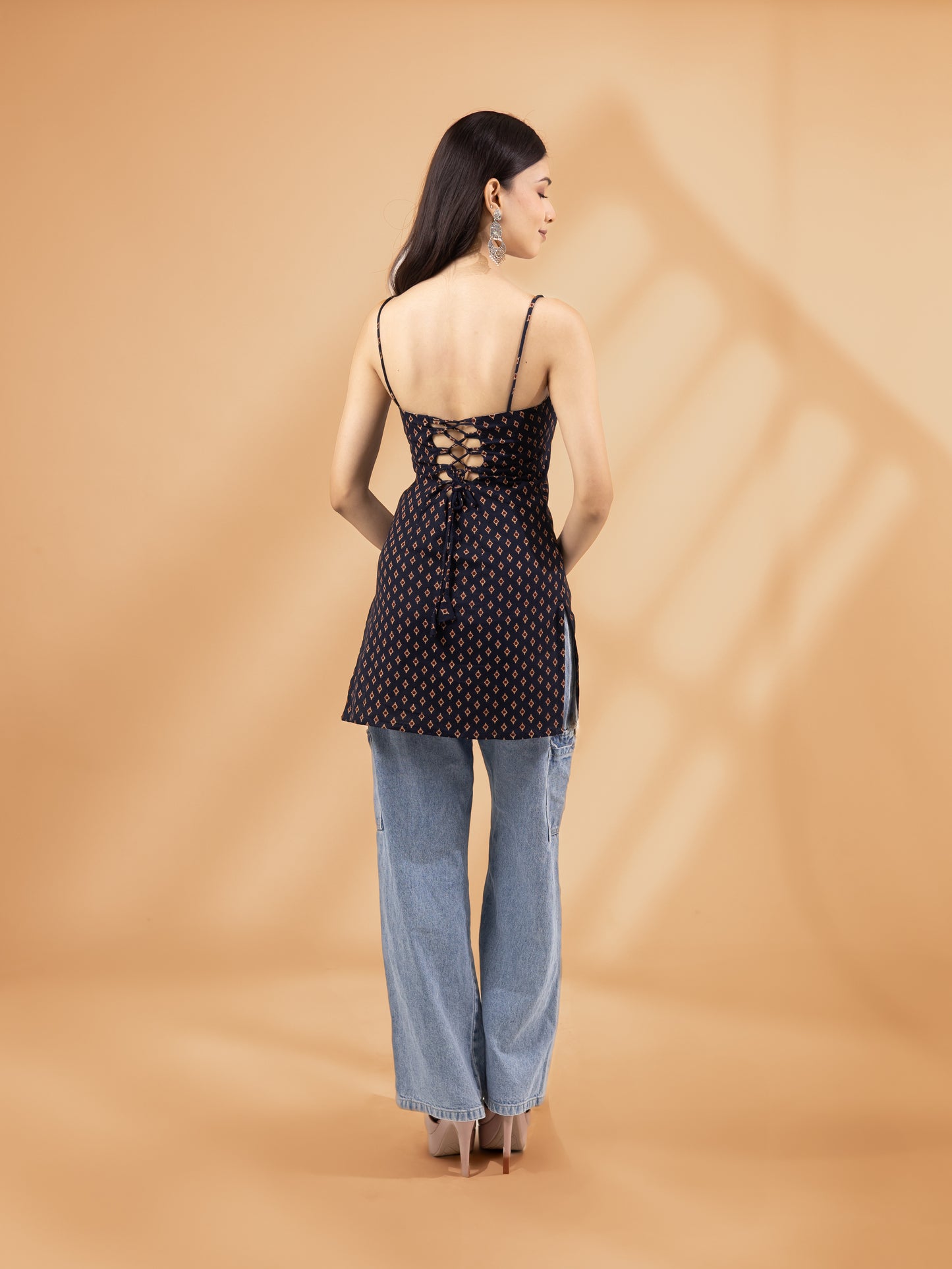 Taruja Navy Blue Spaghetti Black Strap Kurti