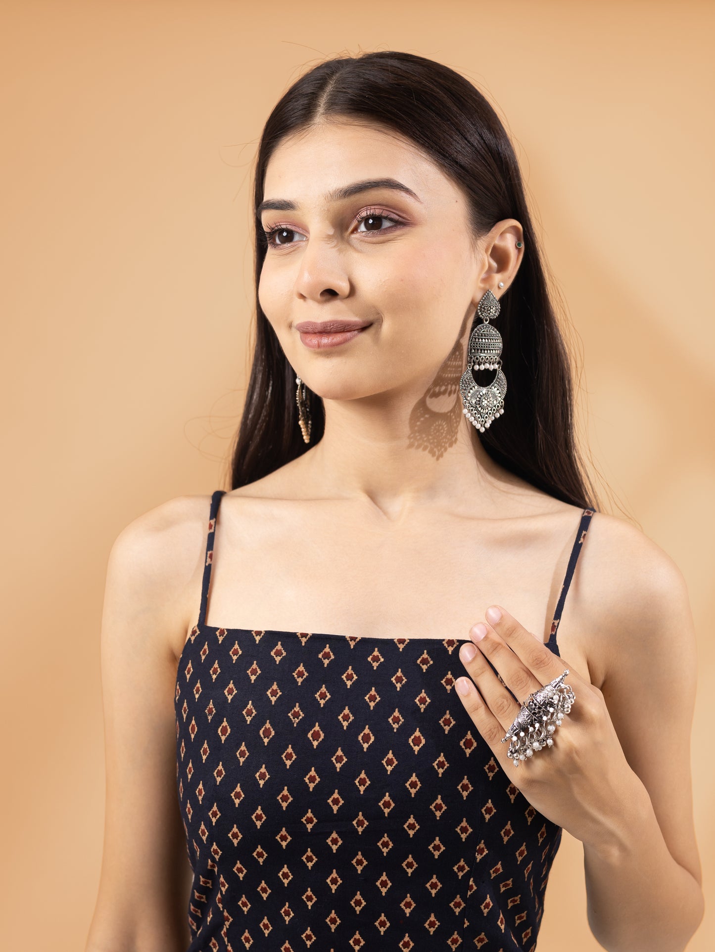 Taruja Navy Blue Spaghetti Black Strap Kurti
